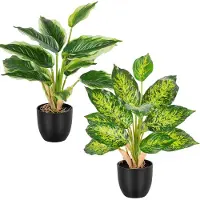 Unyqoos Set van 2 kunstplanten, 37 cm hoog, van kunststof – 14 realistische bladeren, gemakkelijk in onderhoud, buigzame stelen, zwarte pot