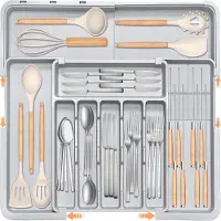 Unyqoos Verstelbare en uitbreidbare besteklade-organizer met uitneembare messenblokken, antislipranden, kunststof, 33–56 cm, tot 9 compartimenten