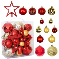 Unyqoos 50-delige set onbreekbare kerstballen van kunststof, rood en goud – diameter 3–8 cm, inclusief 20 cm sterrenpunt, met ophangoogjes