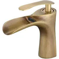 Unyqoos Cascade wastafelmengkraan, messingkleurig, voor de badkamer, met één hendel, brede watervaluitloop, gemaakt van massief messing, eenvoudig in gebruik