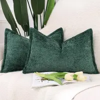 Unyqoos Moderne Decoratieve Chenille en Fluwelen Kussenhoezen Set van 2 met Stijlvolle Rand, Donkergroen, 30 x 50 cm