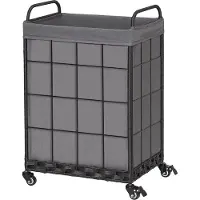 Unyqoos Wasmand met wielen; opvouwbare wasmand met uitneembare waszak; 100 l wassorteerder met metalen handvat (grijs)