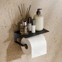 Unyqoos Stijlvolle Toiletpapierhouder met Plank en Flexibele Montageopties, Roestvrij Staal, Mat Zwart, 16x11,1x6 cm