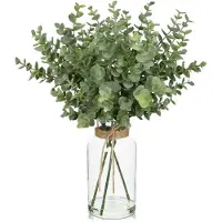 Unyqoos Kunstmatige eucalyptus takken in glazen vaas – Decoratieve plant, 35 cm (vaas 16 cm), met zijden bladeren en kunststof stelen, gemakkelijk in onderhoud, geschikt voor woonkamer en kantoor