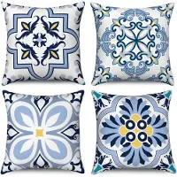 Unyqoos Set van 4 decoratieve kussenslopen met boho-geometrische prints in blauw en geel