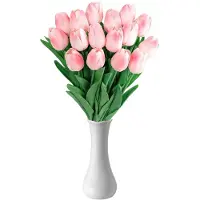 Unyqoos 15-delige set kunsttulpen, gemaakt van hoogwaardig latex, met keramische vaas. Realistische decoratie, gemakkelijk in onderhoud – ideaal voor woonkamer, kantoor en bruiloften