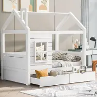 MODFU – Kinderbed – 80x160 cm – Huisvorm met Ramen – Uitvalbeveiliging & 2 Laden – Grenenhout – Wit
