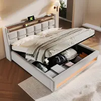 MODFU Gestoffeerd Bed met LED & USB – 180x200 cm – Vintage – Opbergruimte – Linnen – Beige