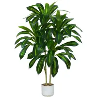 Unyqoos Kunstplant Dracaena, 120 cm – levensechte kunstplant met 2 stelen, verstelbare metalen draden en een witte cementpot met grind, geschikt voor binnen- en buitengebruik