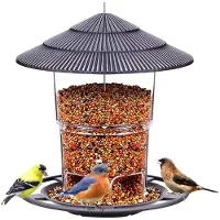 Unyqoos Vogelhuisje – weerbestendig, met een inhoud van 1 kg, gemaakt van transparant kunststof, gemakkelijk te vullen en te reinigen, met een zwart beschermdak, geschikt voor tuin en balkon
