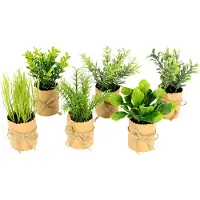 Unyqoos Set van 6 kunstplanten met kruiden, in decoratieve papieren potten met jutekoord, 12 x 8 x 8 cm, geschikt voor keuken en woonkamer