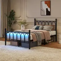 MODFU – Metalen Bedframe – 120x200 cm – Hoog Hoofd- & Voetbord – LED & USB – Vintage – Zwart