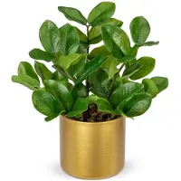 Unyqoos Kunstplant (groen) in een goudkleurige metalen pot, 30 cm – een realistisch ogende kunstplant van polyester, geschikt voor thuis en op kantoor