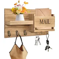 Unyqoos Houten wandhouder met plank en 6 haken voor sleutel en accessoires
