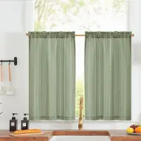 Unyqoos Luxe Linnenlook Gestreepte Gordijnen voor Keuken en Woonkamer, Lichtfilterend, Set van 2, Groen, 65 x 90 cm