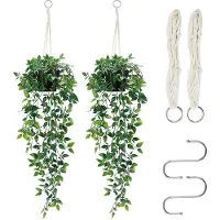 Unyqoos 2-delige set realistische kunstplanten met pot en macramé-ophanging, 85 cm, levendig groen, gemaakt van colloïdaal materiaal, met matte potten, gemakkelijk te onderhouden voor binnenshuis
