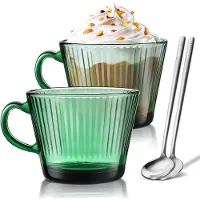 Unyqoos Set van 2 stijlvolle groene glazen koffiekopjes met lepel, geribbelde afwerking, 450 ml