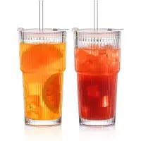 Unyqoos Set van 8 geribbelde glazen bekers met deksel en rietje voor diverse dranken
