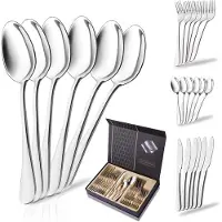 Unyqoos Bestekset voor 6 personen – 24-delige roestvrijstalen set: 6 messen (9 inch), 6 vorken, 6 lepels, 6 theelepels – met cadeauverpakking van 40x26x5,5 cm