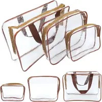 Unyqoos Toilettas Transparant, 3 Stuks PVC Transparante Cosmetische Tas Make-uptas Waterdichte Cosmetische Tas Reisset voor Luchtvaart, Vliegtuig, Badkamer, bruin