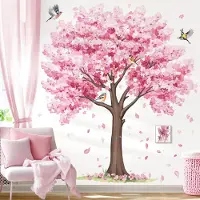 Unyqoos Decoratieve muursticker met roze kersenbloesem en vogels voor interieur