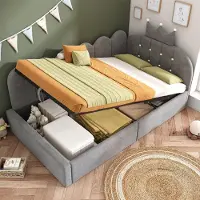 Flieks Hydraulische slaapbank, kinderbed 90x200 cm met opbergruimte, bed met opbergruimte, eenpersoonsbed, dagbed met kroonvormig hoofdeinde, fluweel, grijs