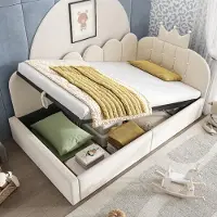 Flieks Hydraulische slaapbank, kinderbed 90x190 cm met opbergruimte, bed met opbergruimte, eenpersoonsbed, dagbed met kroonvormig hoofdeinde, fluweel, beige
