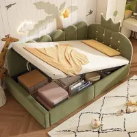 STILVORA Ligbed 90x190 cm – Hydraulische Opbergruimte – L-Vorm Voor Kinderkamer – Fluweel – Groen – Zonder Matras