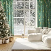 Unyqoos Feestelijke donkergroene gordijnen met gouden kerstmotieven in linnenlook
