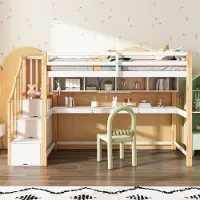 MODFU – Kinderhoogslaper met Trap en Bureau – 90x200 cm – Opbergruimte – Massief Hout – Wit & Eik
