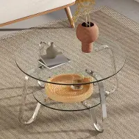 STILVORA Salontafel - Ronde Dubbele Glazen Tafel Met Open Opbergruimte - Voor Woonkamer En Kleine Ruimtes - Metaal Glas - Zilver - 80x80x45 Cm