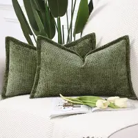 Unyqoos Set van 2 Luxe Mosgroene Chenille Kussenhoezen met Fluwelen Achterkant en Decoratieve Franjes