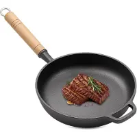 Unyqoos Ronde gietijzeren koekenpan met houten handgreep voor veelzijdig koken