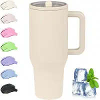 Unyqoos Thermobeker met rietje en ergonomisch handvat, 1200 ml, lekvrij, roestvrijstalen isolatiebeker, vaatwasmachinebestendig
