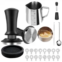 Unyqoos Complete set voor koffie-enthousiastelingen met tamper, mat en decoraties, 51 mm, Roestvrij staal, Zwart