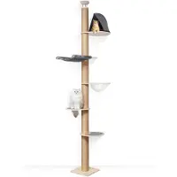 Unyqoos verstelbare krabboom voor katten – 6 verdiepingen, hangmat, verstelbaar in hoogte (259–300 cm), gemaakt van rubberhoutmultiplex en jute, wandmontage mogelijk, draagvermogen 66 kg