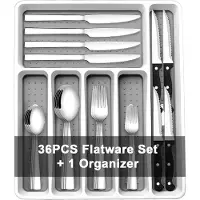 Unyqoos 37-delige set beetbestek, incl. bestekbak, steakmes, vork, lepel, Wildone bestekset voor 6 personen, roestvrij staal, spiegelgepolijst, vaatwasmachinebestendig
