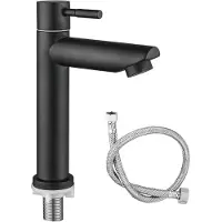 Unyqoos Zwarte kraan voor koud water, gemaakt van roestvrij staal (304) – Eengreeps wastaatkraan voor badkamer, gastentoilet en wasruimte, inclusief montagemateriaal