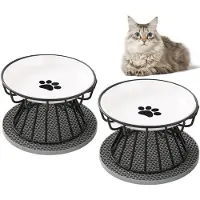 Unyqoos Verhoogd voer- en waterbakset – witte keramische kommen met een 10 cm hoge, zwarte, gecoate stalen standaard, geschikt voor katten en kleine honden