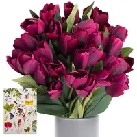 Unyqoos Kunsttulpenboeket in paars – 3 x 27 tulpen, ongeveer 30,5 cm hoog, zijden tulpen met flexibele stalen stelen en een bijbehorende wenskaart