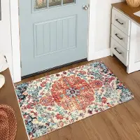 Unyqoos Kleine boho stijl binnendeurmat 60 x 90 cm met bloemenmedaillon en vintage uitstraling