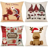 Unyqoos Set van 4 decoratieve kussenslopen voor kerst in linnen stof 45x45 cm