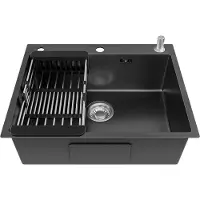 Lonheo Spoelbak Keuken 60x49CM - Inbouwspoelbak - Gootsteen RVS - Spoelbak Met Kraangat - Spoelbak Met Zeepdispenser - Verstelbaar Mandje - Overloop en Sifon - Antraciet