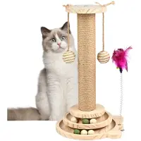 Unyqoos Interactieve houten kattenkrabpaal met draaischijf en speelballen voor katten
