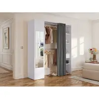 Vente-unique Kleerkast met gordijn en 1 deur - Met spiegel - L177 cm - Wit en grijs - BERTRAND