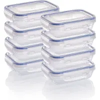 OEM kunststof voedselcontainers set, 8x opslagcontainers met deksel, plat, rechthoekig, stapelbaar, magnetron- en vaatwasserbestendig