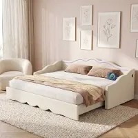 MODFU – Uitschuifbaar Bed – 90/180x200 cm – LED & USB-C – Klassiek – Fluweel – Beige