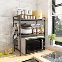 Unyqoos Uittrekbaar keukenorganisatiesysteem met magnetronhouder – 2-laags rek van koolstofstaal, zwart, 40–60 cm breed x 78 cm hoog, draagvermogen 55 kg, 3 afneembare haken