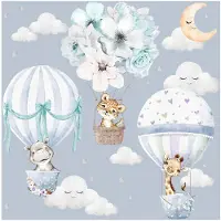 Unyqoos Vrolijke Dieren Muursticker voor Kinderkamer met Heteluchtballon en Bloemen