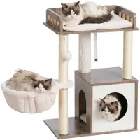 Unyqoos Stijlvolle houten krabpaal met platform en kattenmand voor huisdieren